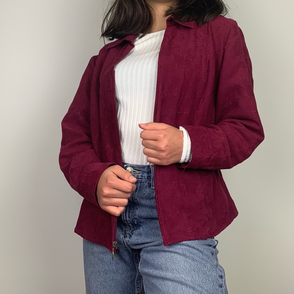 Croft & Barrow Faux Suede Floral Embroidered V-Neck Zip Up Jacket Shirt